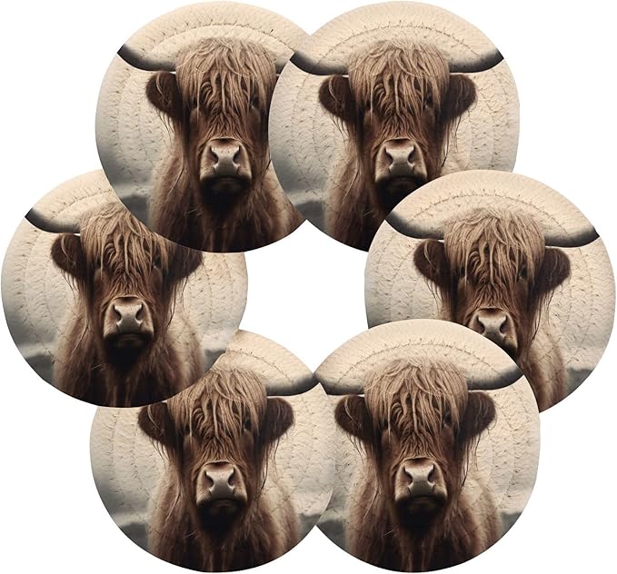 YETTASBIN Highland Cow 6 Pcs Drink Coasters with Holder, Cotton Woven Absorbent Heat-Resistant Round Coaster Non-Slip Table Mat for Kitchen Bar Home Decor Housewarming Gift, 3.9 in