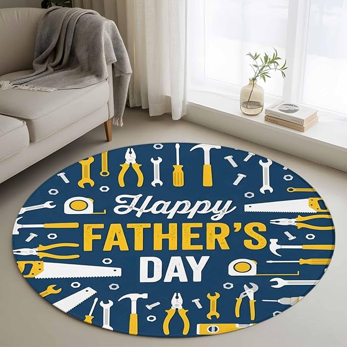 Father's Day Round Rug 3 ft Hand Tools Workshop Equipment Soft Area Rug for Living Room Washable Non-Slip Carpet Indoor Mat for Bedroom Dining Room Holiday Decor