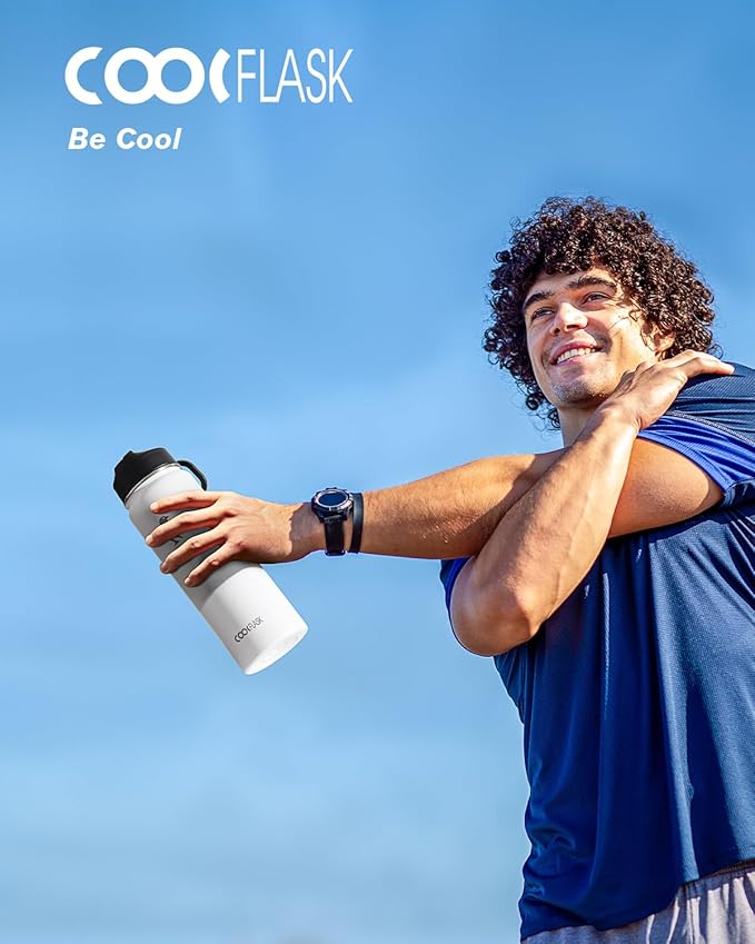 Coolflask Water Bottle 24 oz Insulated with Straw, Stainless Steel Metal 3 Lids Water Flask Wide Mouth for Sports or Office, Non-BPA Keep Cold Up to 48 Hrs or Hot Up to 24 Hrs, White