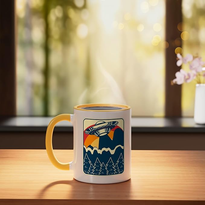 Ufo Alien Vintage Retro Ceramic Mug, Yellow/White
