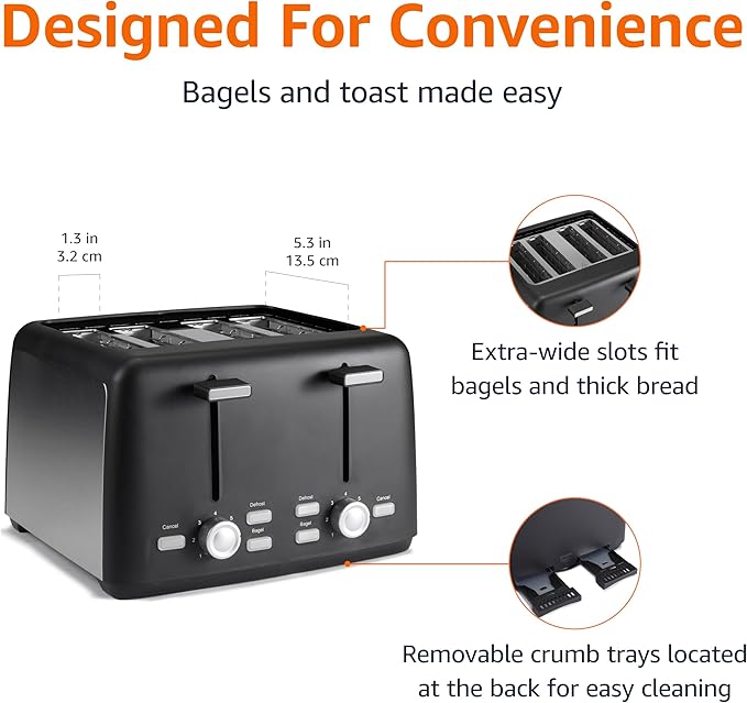 Amazon Basics 4 Slice Toaster, 7 Browning Settings, Extra Wide Slots for Bagels and Specialty Breads, Removable Crumb Tray, Cancel/Defrost/Bagel Buttons, 1500W, Black & Silver