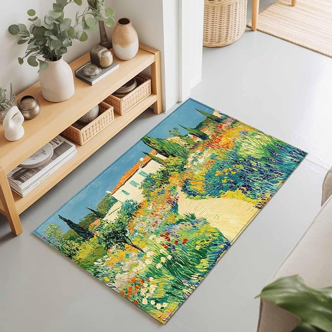 Area Rug 2x3ft, Pastoral Floral Pink Yellow Flower Green Leaves Washable Rugs for Living Room Bedroom, Farm Plants Soft Non-Slip Area Rugs Rectangle Floor Carpet for Dining Room