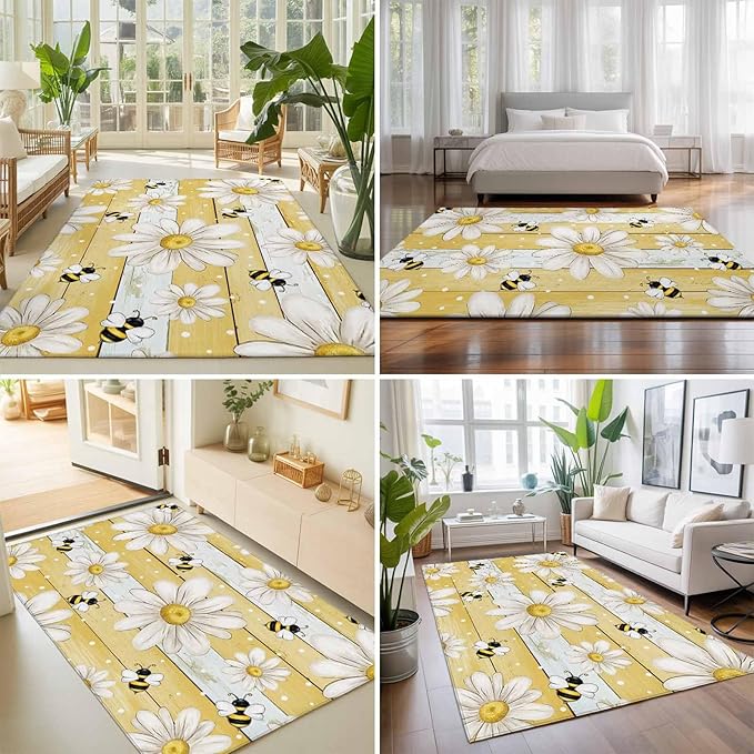 Area Rug 3x5ft, Summer Rustic Daisy Flower Bee Washable Rugs for Living Room Bedroom, Blossom Floral Yellow Wooden Soft Non-Slip Area Rugs Rectangle Floor Carpet for Dining Room