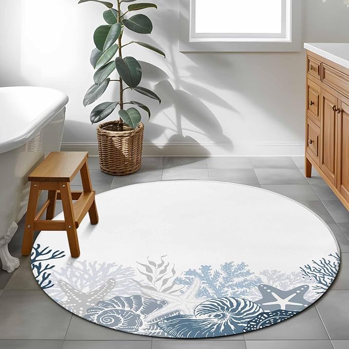 Washable Round Area Rug Underwater Blue Shells Starfish Coral Circle Rugs Floor Carpet for Living Room Bedroom, Summer Botantical Soft Non Slip Round Rug 3ft