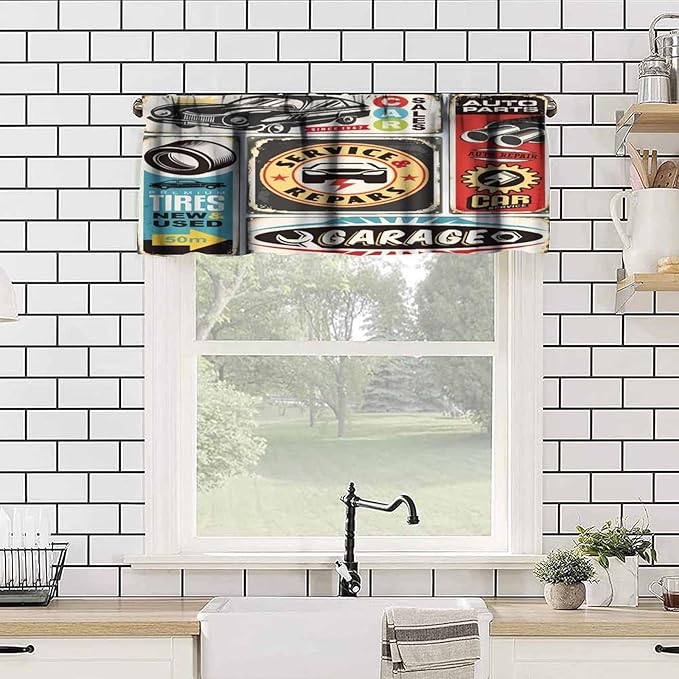 1950s Retro Valances Curtains Vintage Car Signs Automobile Advertising Repair Vehicle Garage Servicing, Windows Short Curtain Valance for Kitchen Bedroom with Rod Pocket, One Panel 54X18 Inches