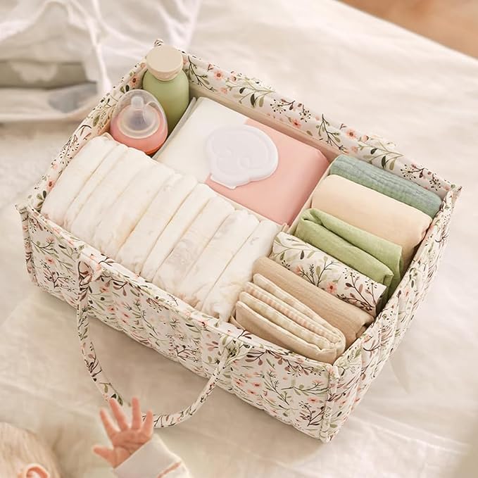 Quilted Fabric Storage Basket Floral Baby Diaper Caddy Quilted Basket for Nursery Bedroom Car Storage (L- Beige 03)