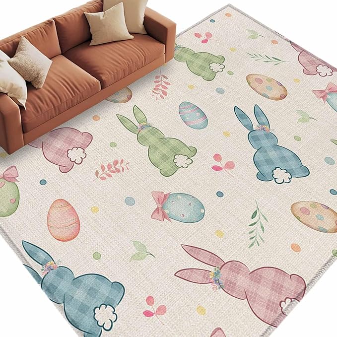 Area Rug 6x9ft, Happy Easter Cute Plaid Bunny Washable Rugs for Living Room Bedroom, Colorful Egg Leaves Farm Linen Soft Non-Slip Area Rugs Rectangle Floor Carpet for Dining Room