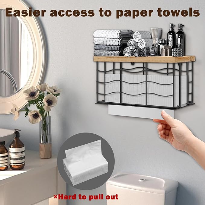 Paper Towel Dispenser, Metal Paper Towel Holder with Wood Lid, Commercial Napkin Dispenser, Tri-Fold Paper Towel Stand for Home Bathroom Kitchen, Wall Mounted & Countertop (Matte Black)