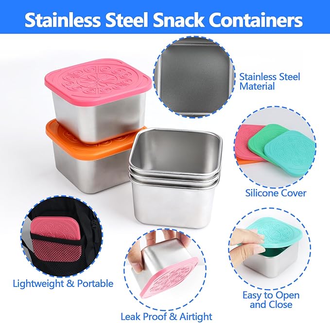 6 oz Stainless Steel Snack Containers with Lids - 8 Pack Meal Prep Lunch Boxes, LeakProof Metal Snack Containers, Stackable Dip Cups for Fruit, Cookie, Candy, Sauce