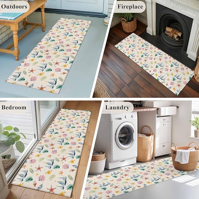 Runner Rug for Bedroom Hallway, Summer Sea Starfish Sailboat Kitchen Runner Rugs Area Rug 2x6ft, Marine Life Coral on Linen Washable Soft Floor Carpet for Entryway Stair