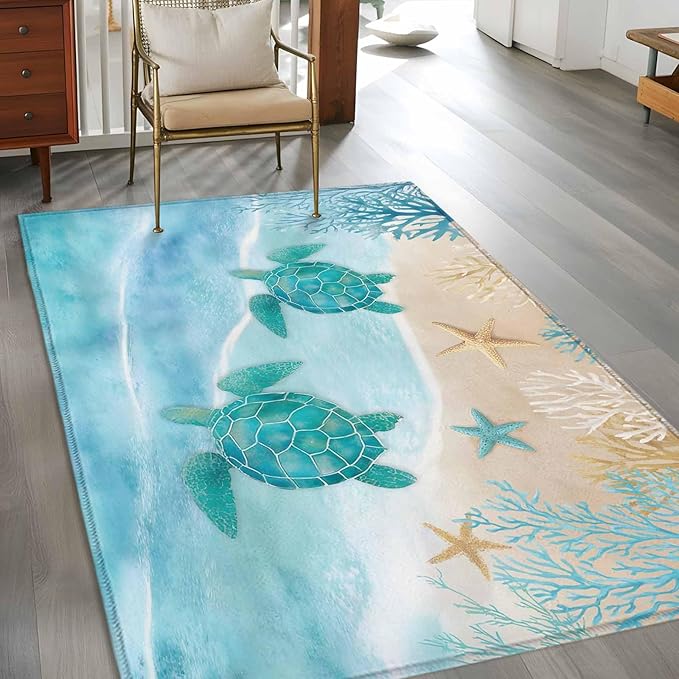 Area Rug 3x5ft, Sea Turtle Starfish Coral Washable Rugs for Living Room Bedroom, Summer Seaside Ocean Life Soft Non-Slip Area Rugs Rectangle Floor Carpet for Dining Room