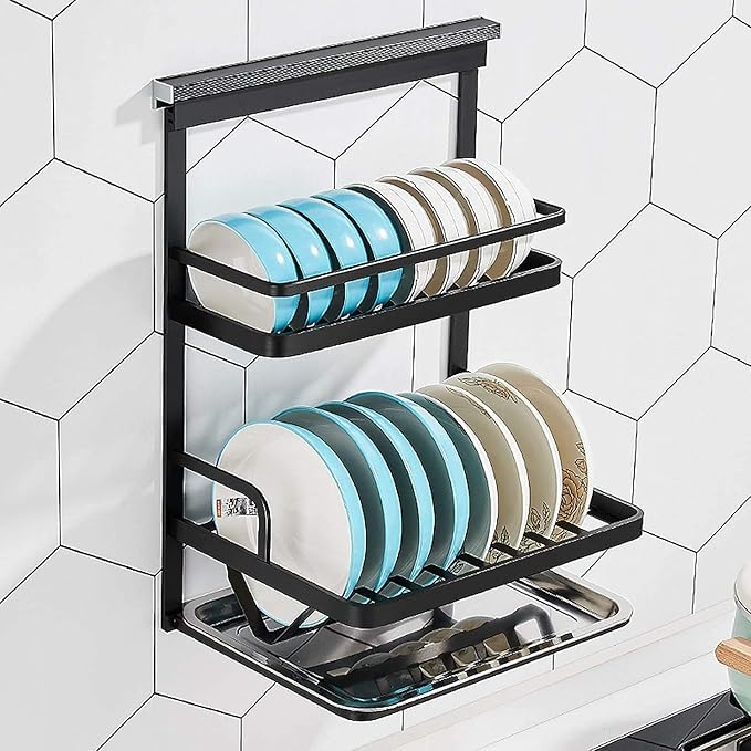 Kitchen Supplies 2-Layer Wall-Mounted Dish Rack Black Storage Kitchen Drain Rack for Storage of Dishes/Kitchenware 49.5 25 38Cm Gifts for Ladies