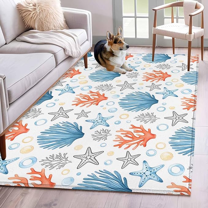 Area Rug 4x6ft, Coastal Starfish Shell Coral Washable Rugs for Living Room Bedroom, Ocean Bubble Blue Black Orange Soft Non-Slip Area Rugs Rectangle Floor Carpet for Dining Room