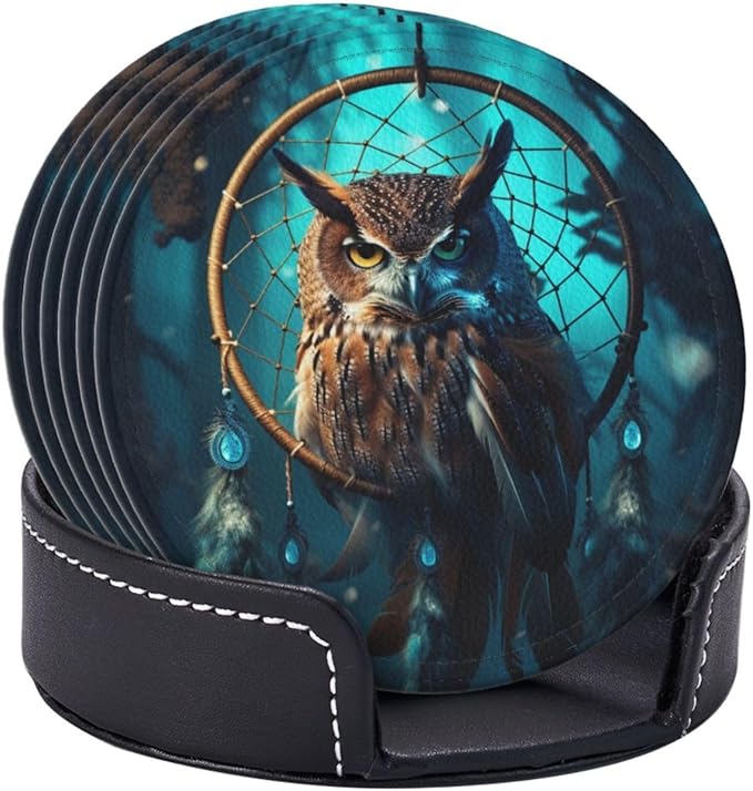 Famame 6 Pcs Owl Vintage Dream Catcher Leather Coasters for Drinks with Holder Coaster Sets Drink Table Cup Coasters for Living Room Kitchen Coffee Decor