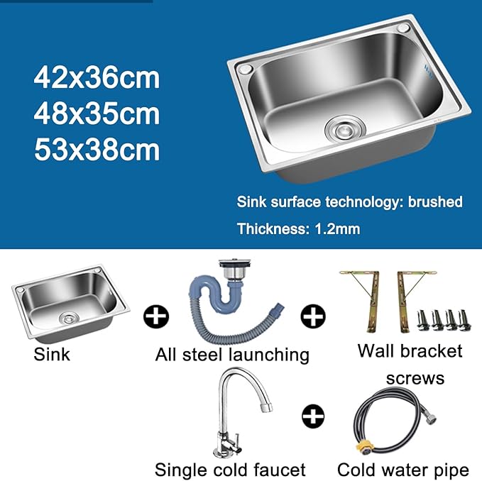 Commercial Sink Hand Washing Basin, Utility Sink Single Bowl Stainless Steel Kitchen Sink, with Drainer Unit and Tap, for Restaurant, Bar, Cafe, Salon & Spa, Home,42x36cm