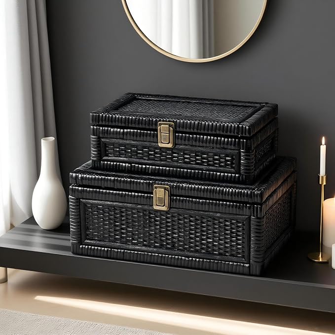 Rattan Box with Lid Decorative Natural Handmade Boho Rattan Baskets Woven Wicker Cane Bins Keepsake Memory Jewelry Boxes Rectangular Desk Shelf Closet Organizer Container (Black, Large)