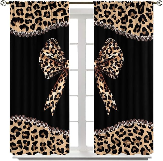 Bow Blackout Curtain,African Cheetah Leopard Girls Women Modern Fashion Window Curtains for Kitchen Bedroom Cafe Dining Room Office Living Room Drapes,52x96 in