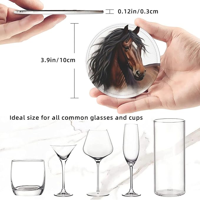 Famame 6 Pcs Handsome Brown Horse Leather Coasters for Drinks with Holder Coaster Sets Drink Table Cup Coasters for Living Room Kitchen Coffee Decor
