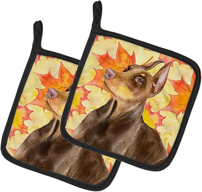 Caroline's Treasures BB9970PTHD Doberman Pinscher Fall Pair of Pot Holders, Yellow Kitchen Heat Resistant Pot Holders Sets Oven Hot Pads for Cooking Baking BBQ, 7 1/2 x 7 1/2