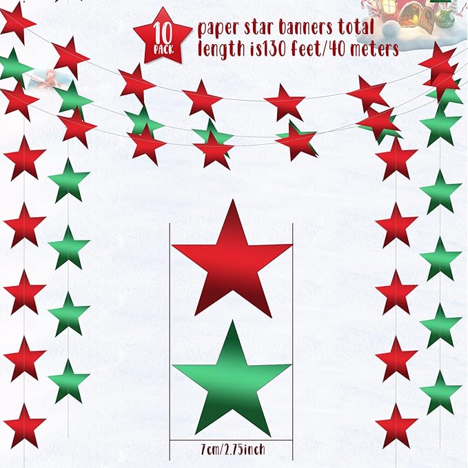 Patelai 130 Feet Glitter Star Garland Banner 2026 Party Decoration Double Side Star Hanging String Streamer Paper Twinkle for Graduation Wedding Birthday (Red and Green)