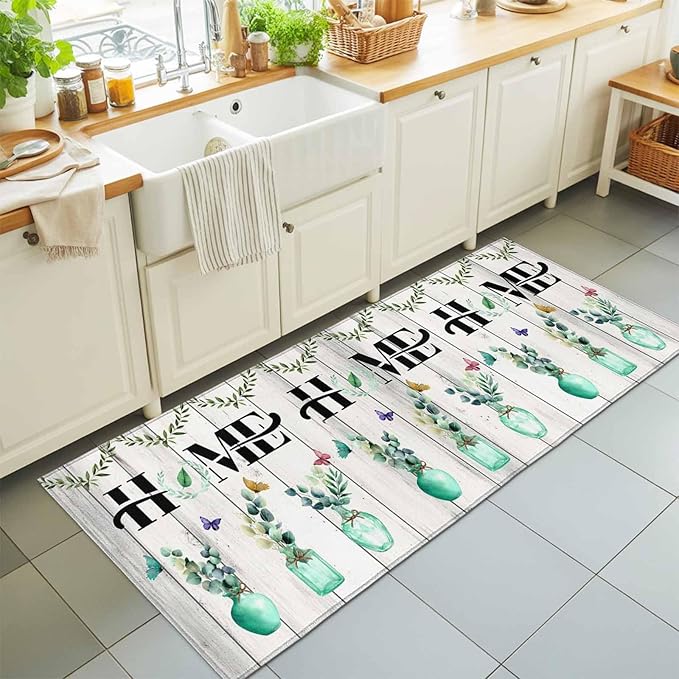 Runner Rug for Bedroom Hallway, Summer Eucalyptus Leaf Colorful Butterfly Kitchen Runner Rugs Area Rug 2x6ft, Home Text Wood Plank Washable Soft Floor Carpet for Entryway Stair