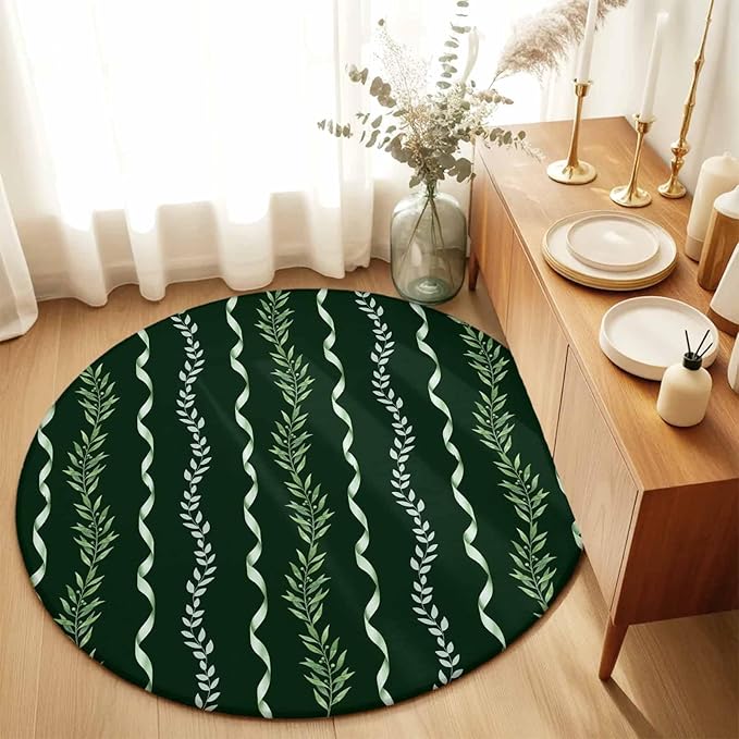 Washable Round Area Rug Botanical Leaves Green Ribbons Circle Rugs Floor Carpet for Living Room Bedroom, Summer Foliage Plant Soft Non Slip Round Rug 5ft