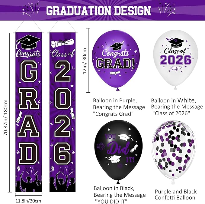 Graduation Decorations Class of 2026 Set - Purple Themed Congrats Grad Banner & Backdrop, Hanging Swirls, Porch Sign, Balloons, Foil Number 2026 for High School & College Celebrations