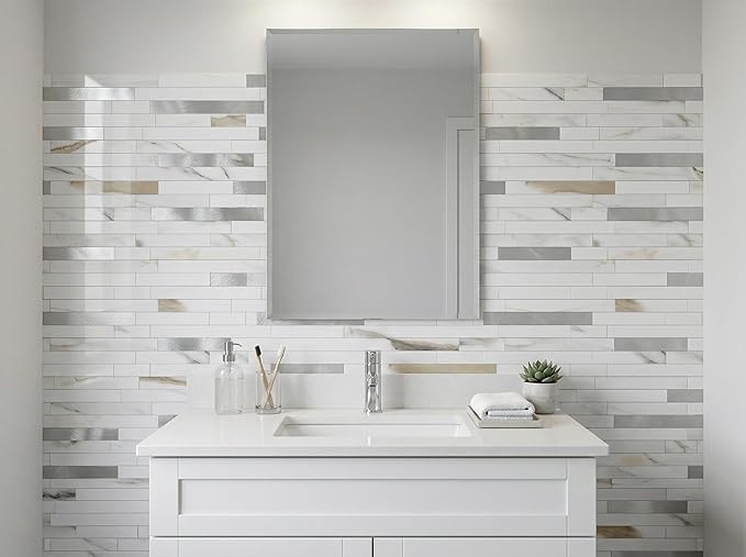 Yipscazo 20 Sheets Peel and Stick Stone Metal Tile Backsplash, Stick on Tiles for Backsplash Kitchen, Bathroom, Laundry Room, Camper, Fireplace (12'' X 12'', Polished Marble)