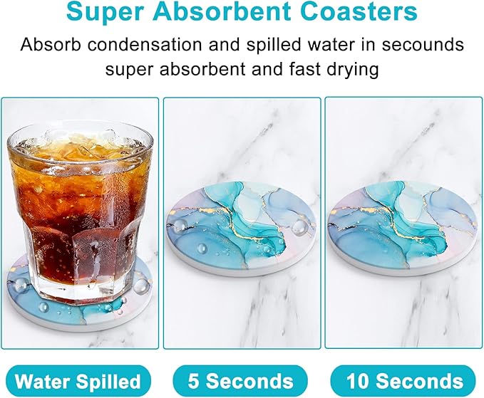 Nipichsha Coasters for Drinks, Set of 6 Cute Absorbent Ceramic Drink Coasters for Cup with Holder and Cork Base, Kitchen Home Decor Housewarming Gift, Round 4 in, Colorful Marble