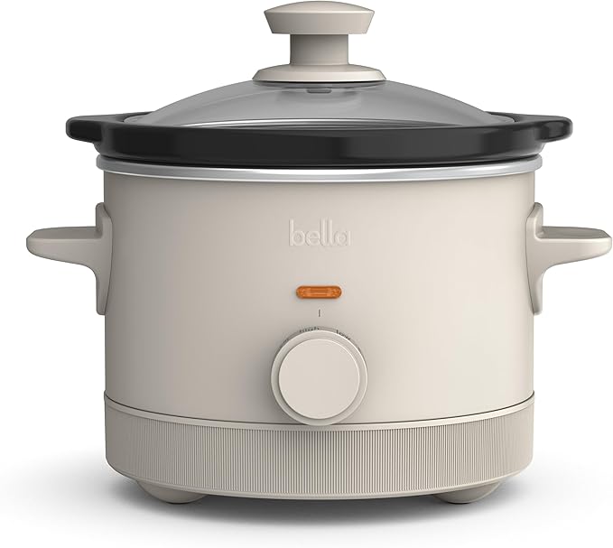 bella 1.5 Qt Slow Cooker with 3 Heat Manual Control, Ceramic Nonstick Coating, Dishwasher Safe Stoneware Pot and Tempered Glass Lid, Tangle Free Cord Wrap & Cool Touch Handles, Oatmilk
