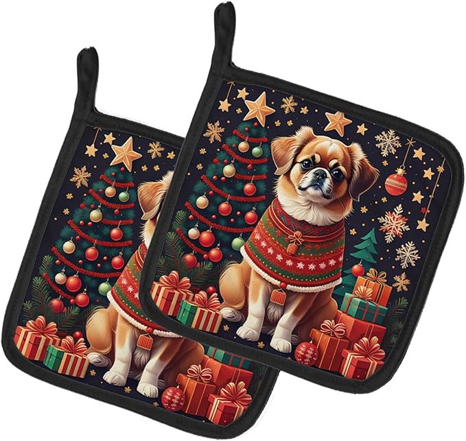 Caroline's Treasures Tibetan Spaniel Christmas Pair of Pot Holders Kitchen Heat Resistant Pot Holders Sets Oven Hot Pads for Cooking Baking BBQ, 7 1/2 x 7 1/2