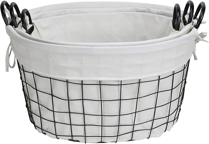 Set of 3 Lined Metal Wire Oval Basket with Handle