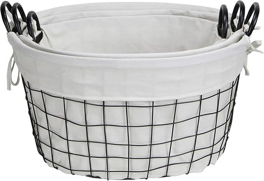 Set of 3 Lined Metal Wire Oval Basket with Handle