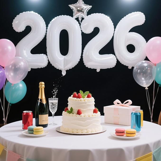 2026 White Foil Numbers Balloons(40 Inch) Happy New Years Eve Party Supplies 2026 New Year Graduation Balloons Decorations 20 26 Signs Props Birthday Anniversary Wedding Festival Ornament Decor