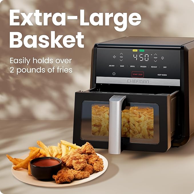 Chefman Air Fryer 9 Qt | TurboFry 7-in-1 High-Powered 450°F Cooking for Crispier and Even Results | XL Basket with Viewing Window | Air Fry, Bake, Broil, Reheat, Dehydrate, Defrost, Keep Warm