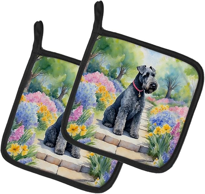 Caroline's Treasures Kerry Blue Terrier Spring Path Pair of Pot Holders Kitchen Heat Resistant Pot Holders Sets Oven Hot Pads for Cooking Baking BBQ, 7 1/2 x 7 1/2