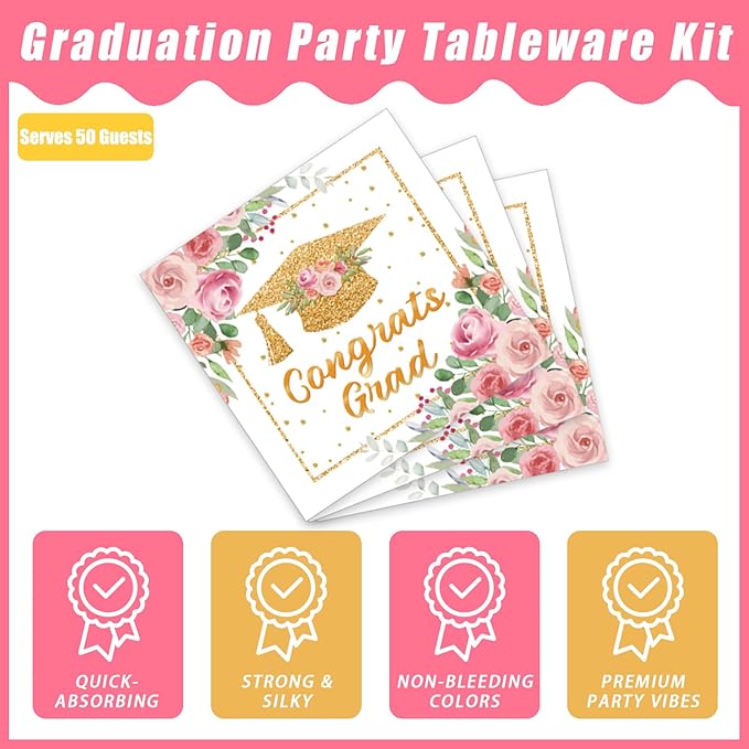 200Pcs Pink Graduation Party Plates, Floral Class of 2026 Congrats Grad Party Decorations Supplies Rose Gold Women Graduation Prom Disposable Tableware Set for College High School, Serves 50