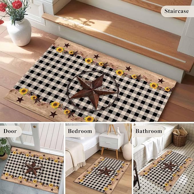 Area Rug 2x3ft, Western Star Farm Sunflower Washable Rugs for Living Room Bedroom, Vintage Wood Grain Black Buffalo Plaid Soft Non-Slip Area Rugs Rectangle Floor Carpet for Dining Room