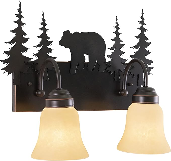 VAXCEL Bozeman 2-Light 16.75 inch Wide Burnished Bronze Rustic Cabin Bathroom Vanity Lighting Fixture, Amber Flake Glass Shade, Bear and Trees, Dimmable, LED Compatible, Over the Mirror Wall Mounted