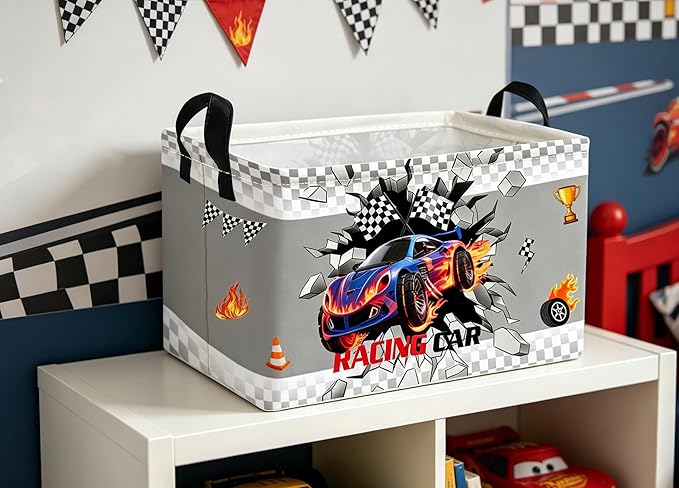 Essme Rectangular Kids Baskets,Car Storage Box,Cute Basket for Kids with Handles for Room Decor, Book Bins,Shelf Basket.(Blue Car)