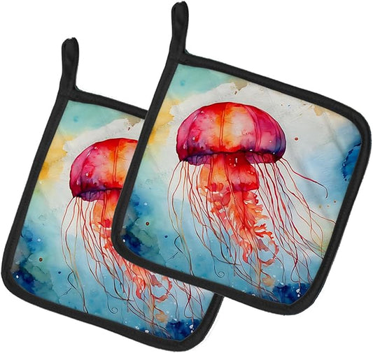 Caroline's Treasures Jellyfish Pair of Pot Holders Kitchen Heat Resistant Pot Holders Sets Oven Hot Pads for Cooking Baking BBQ, 7 1/2 x 7 1/2