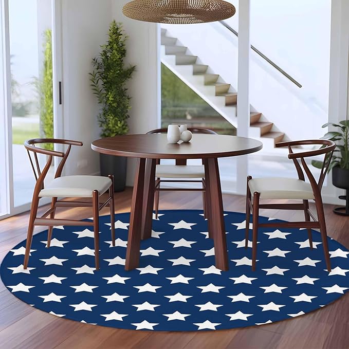 Washable Round Area Rug 4th of July White Star on Navy Blue Circle Rugs Floor Carpet for Living Room Bedroom, Independence Freedom Liberty Soft Non Slip Round Rug 5ft