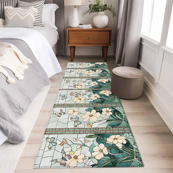 Runner Rug for Bedroom Hallway, Spring Flower Colorful Butterfly Kitchen Runner Rugs Area Rug 2x6ft, Vintage Green Plant Washable Soft Floor Carpet for Entryway Stair