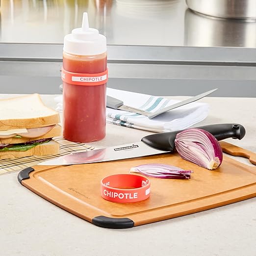 Restaurantware Silicone Squeeze Bottle Band 10 Count 2.75 Inch Dishwasher Safe Condiment Identification Band, Chipotle Red Non-Slip Label Band for Condiment Labeling at Restaurants, Food Trucks