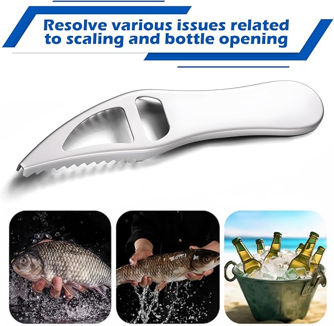 2 Pcs Silver Fish Scaler Remover, Stainless Steel Seafood Cleaning Tools, Portable Fish Scale Scraper with Bottle Opener for Kitchen and Outdoor Use