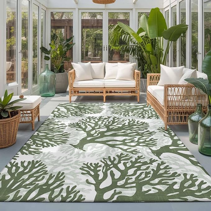 Area Rug 3x5ft, Deep Forest Green Corals Washable Rugs for Living Room Bedroom, Retro Marine Life Soft Non-Slip Area Rugs Rectangle Floor Carpet for Dining Room