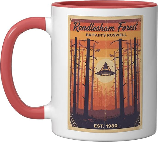 Rendlesham Forest UFO Alien Vintage UK Flying Saucer Ceramic Mug, Red/White