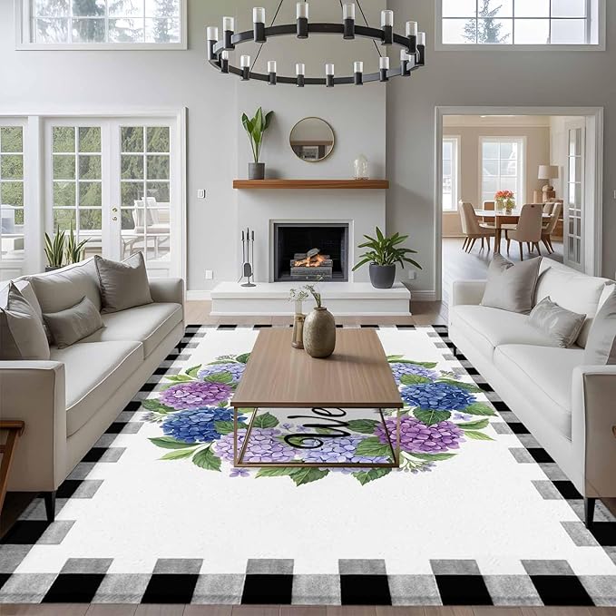 Area Rug 6x9ft, Summer Hydrangea Leaf Washable Rugs for Living Room Bedroom, Purple Blue Flower Buffalo Check Soft Non-Slip Area Rugs Rectangle Floor Carpet for Dining Room