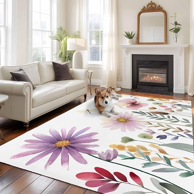 Area Rug 6x9ft, Country Field Purple Flowers Washable Rugs for Living Room Bedroom, Farm Floral Art Soft Non-Slip Area Rugs Rectangle Floor Carpet for Dining Room