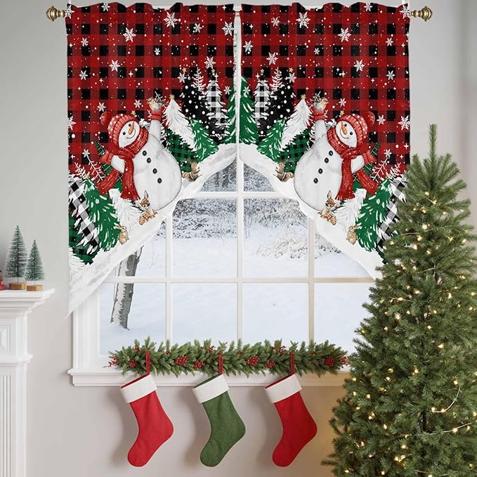Christmas Snowman Swag Valance Curains Winter Xmas Tree Snowflakes Red Black Plaid Rod Pocket Kitchen Curtains Scalloped Window Treatment Valances Swag for Living Room Bedroom, 1 Pair, 36"W x 45"L